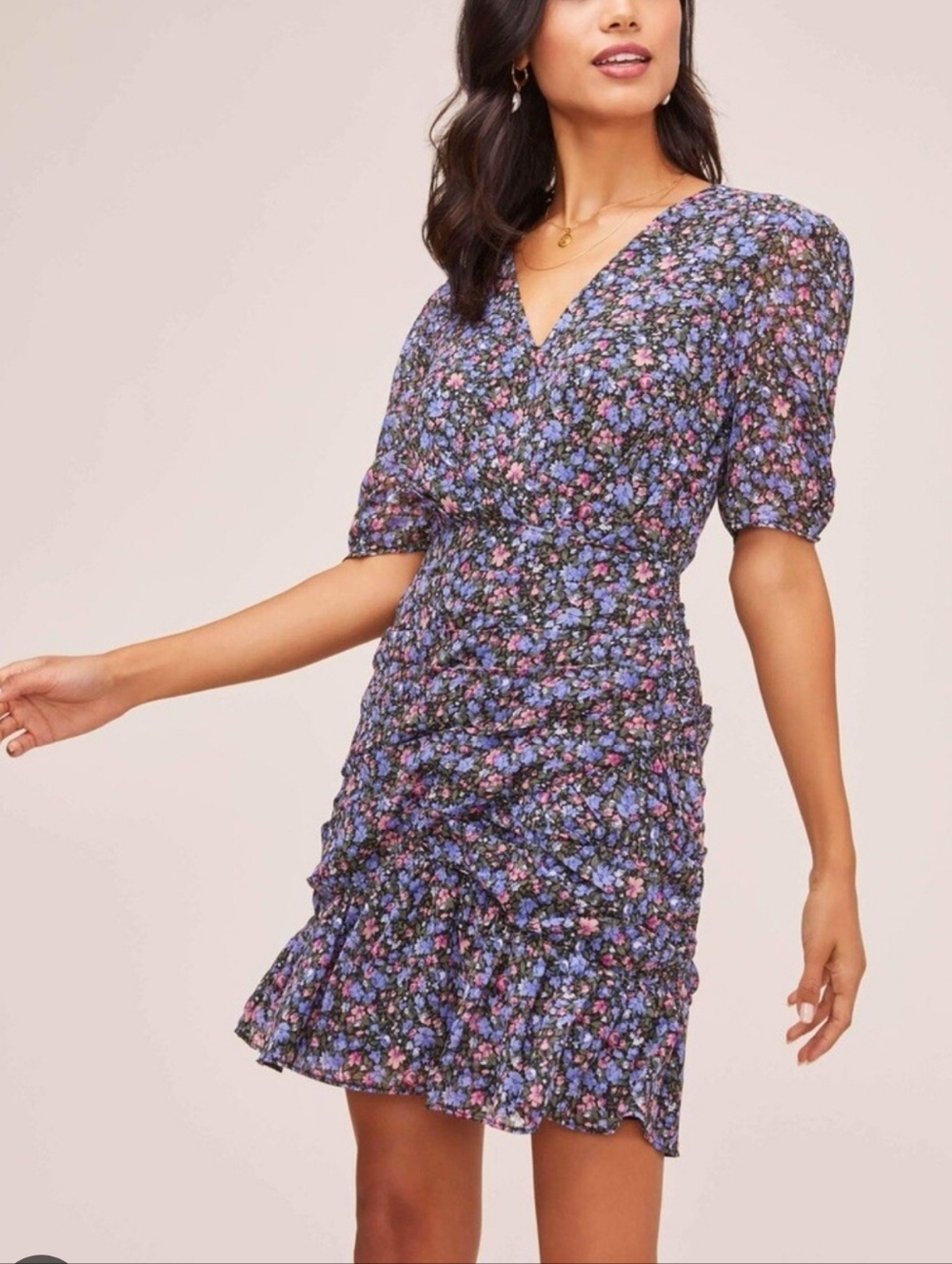 Astr Black Floral Ruched V-Neck Mini Dress with Pink and Purple Flowers